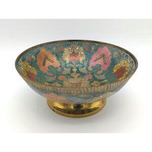 Vintage India Hand Painted Brass Bowl and Hand Engraved Floral Features